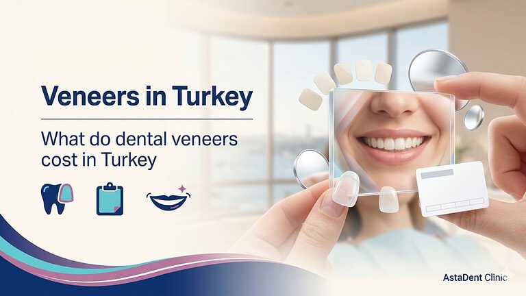 Dentist and patient using a translucent veneer planning prism with shade tabs and a cost card at AstaDent Clinic, illustrating dental veneers in Turkey
