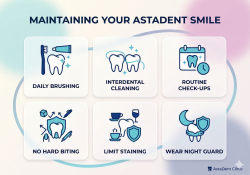 AstaDent Clinic guide on veneer aftercare and maintenance, featuring tips like daily brushing, interdental cleaning, limiting staining, and wearing a night guard